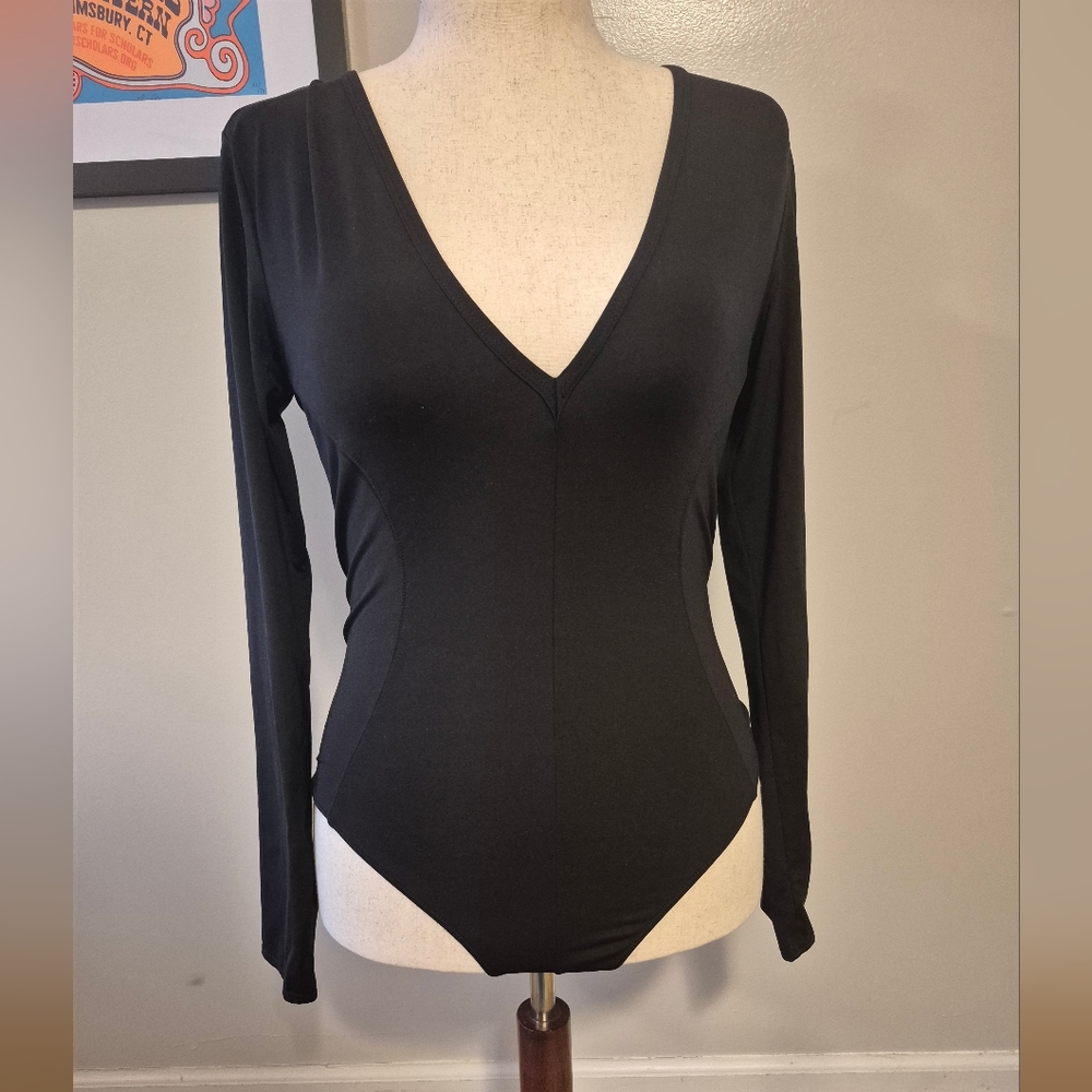 Free People Bodysuit Leotard Snap Crotch Black Medium Long Sleeve V Neck Stretch